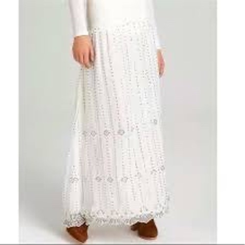 Free People Beaded Midnight Sequin White Maxi Skirt Smocked Waist Large